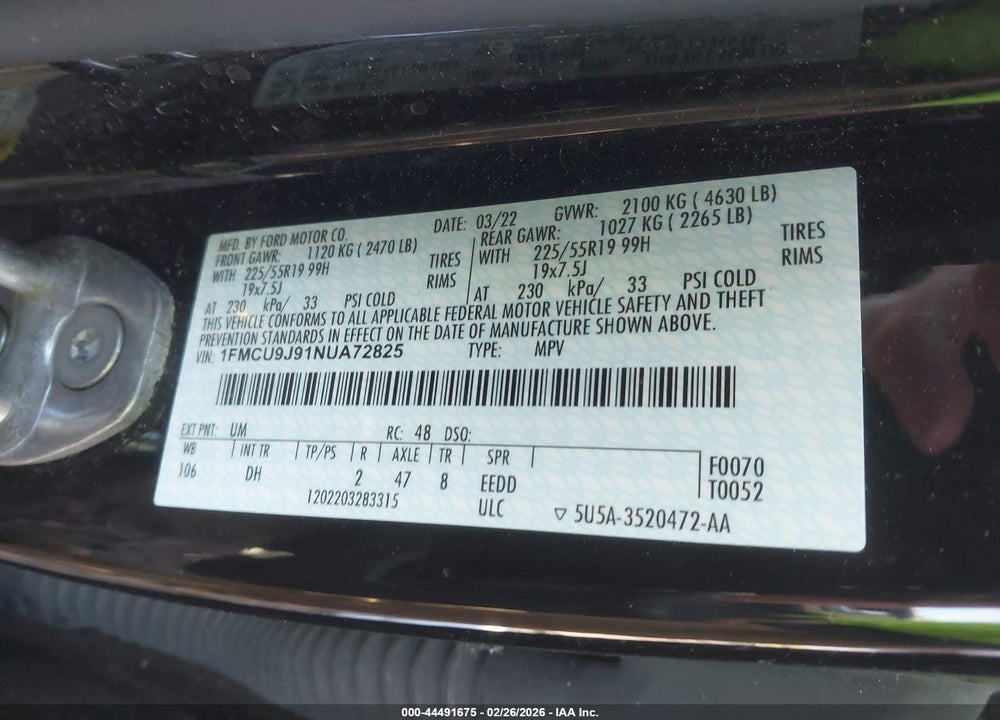 2022 FORD ESCAPE TITANIUM VIN: 1FMCU9J91NUA72825