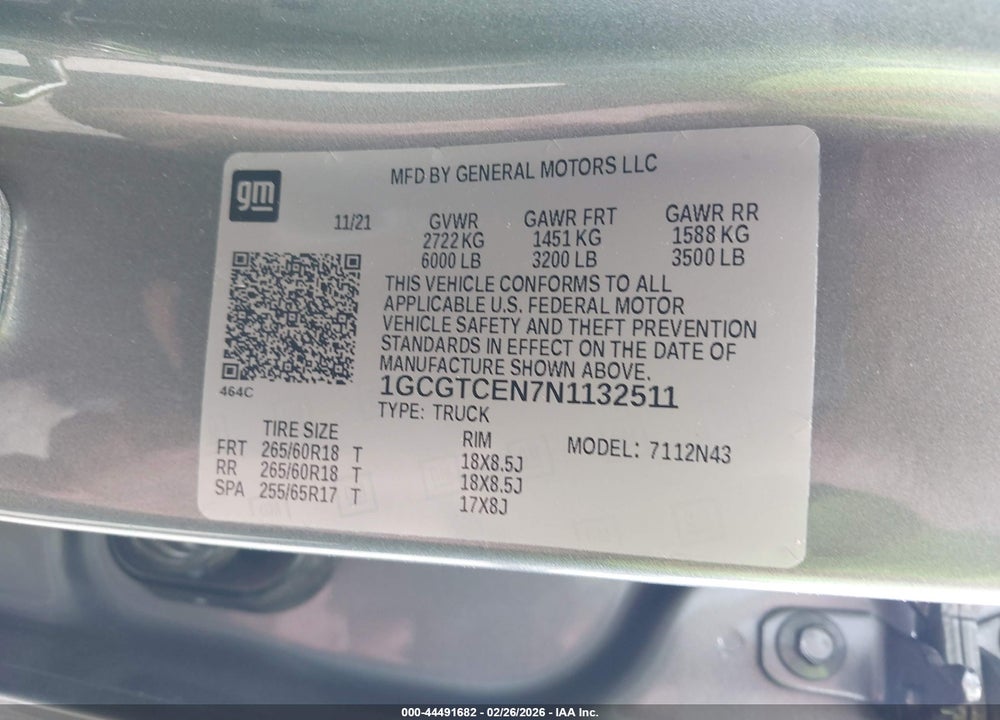 2022 CHEVROLET COLORADO 4WD  SHORT BOX LT VIN: 1GCGTCEN7N1132511