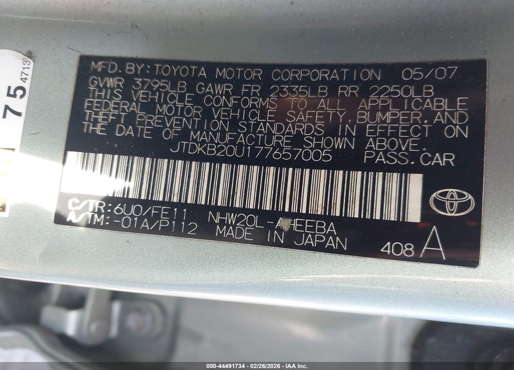 2007 TOYOTA PRIUS VIN: JTDKB20U177657005