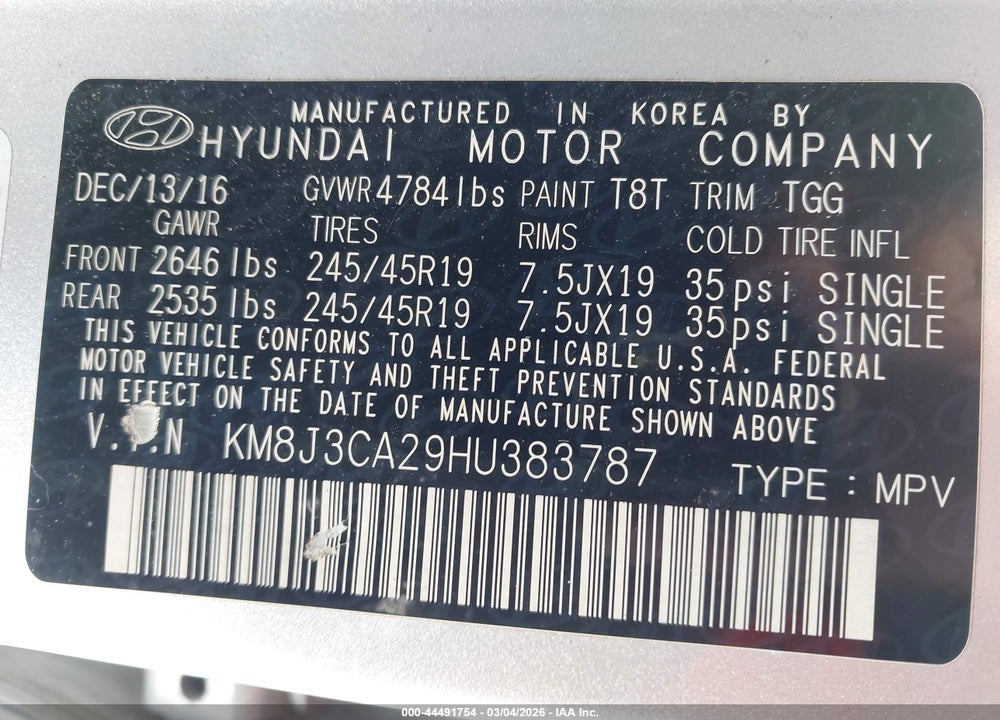 2017 HYUNDAI TUCSON SPORT VIN: KM8J3CA29HU383787
