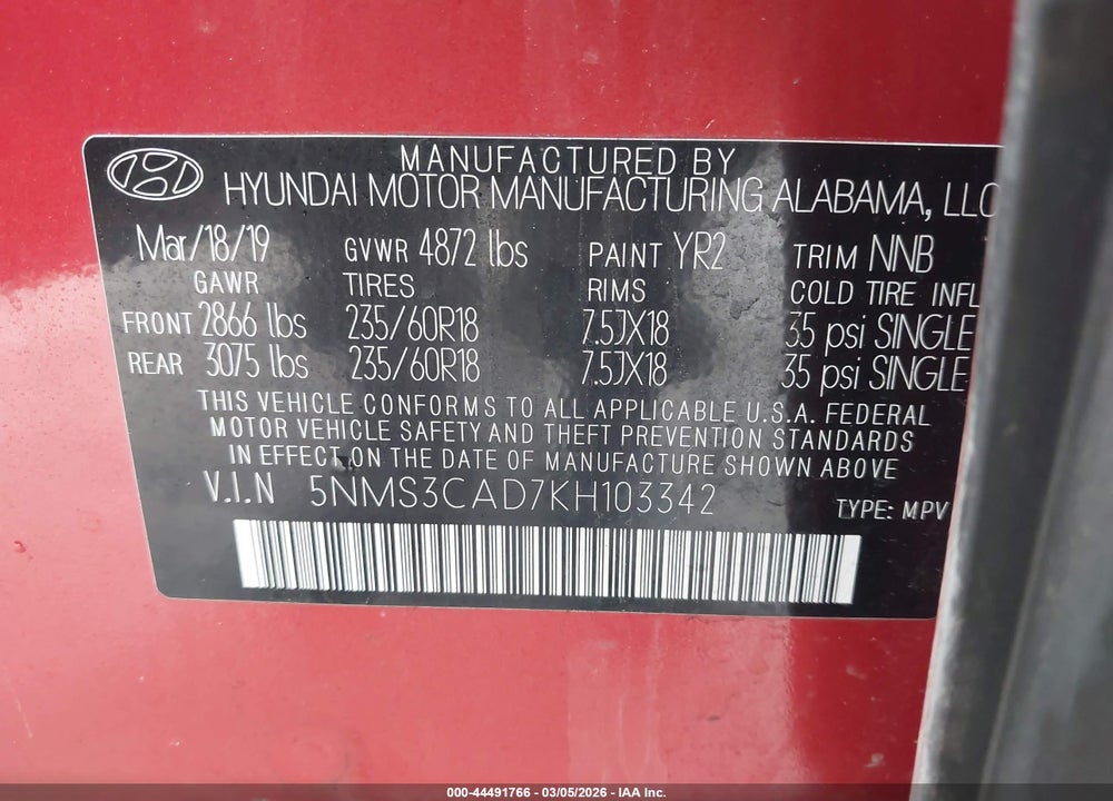 2019 HYUNDAI SANTA FE SEL PLUS VIN: 5NMS3CAD7KH103342