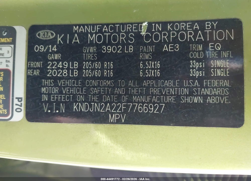 2015 KIA SOUL VIN: KNDJN2A22F7766927