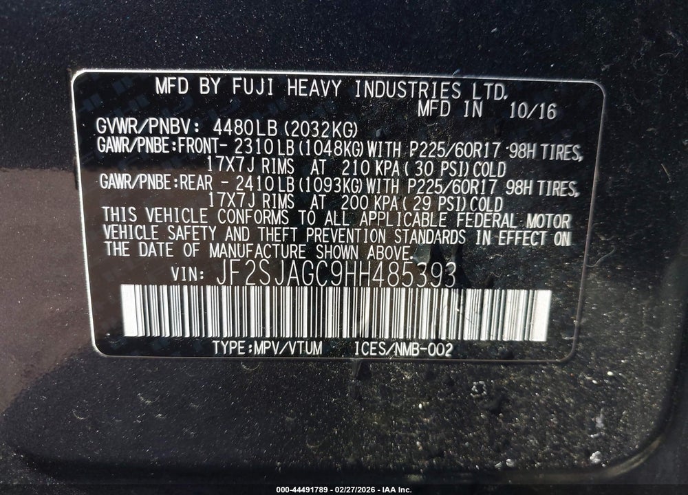 2017 SUBARU FORESTER 2.5I PREMIUM VIN: JF2SJAGC9HH485393