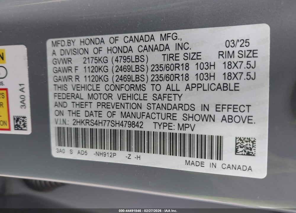 2025 HONDA CR-V EX-L AWD VIN: 2HKRS4H77SH479842