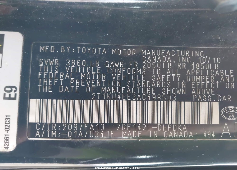 2010 TOYOTA MATRIX VIN: 2T1KU4EE3AC498503