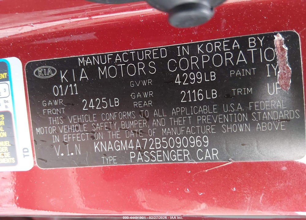 2011 KIA OPTIMA LX VIN: KNAGM4A72B5090969