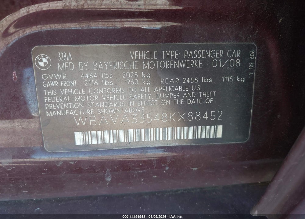 2008 BMW 328I VIN: WBAVA33548KX88452