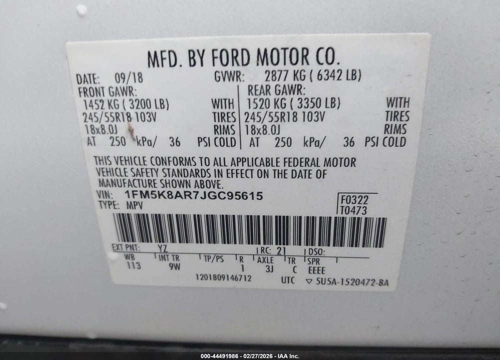 2018 FORD POLICE INTERCEPTOR UTILITY VIN: 1FM5K8AR7JGC95615
