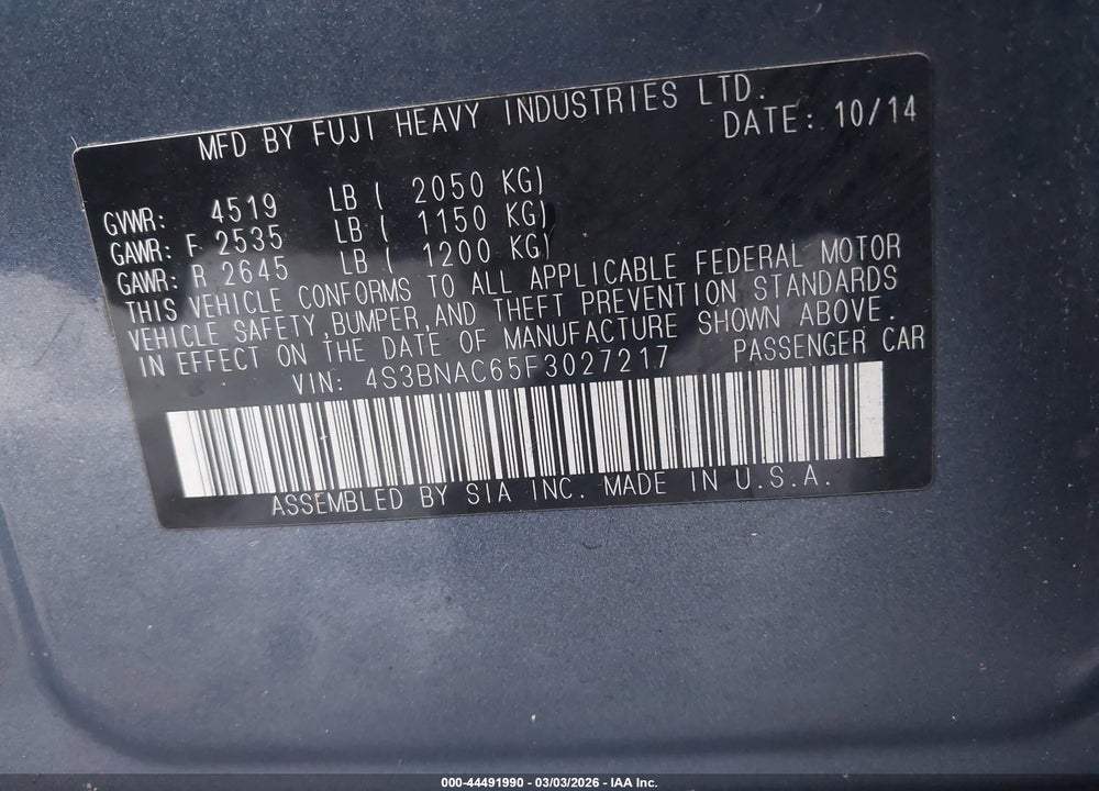 2015 SUBARU LEGACY 2.5I PREMIUM VIN: 4S3BNAC65F3027217