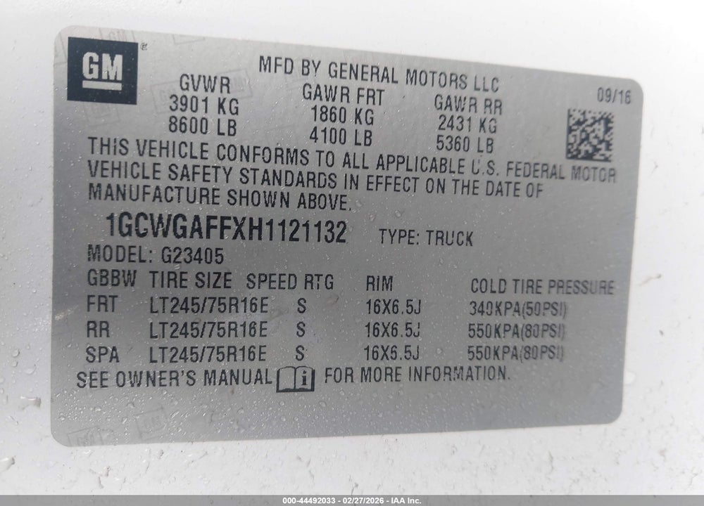 2017 CHEVROLET EXPRESS 2500 WORK VAN VIN: 1GCWGAFFXH1121132