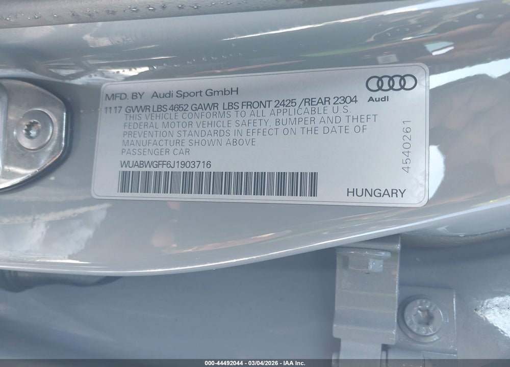 2018 AUDI RS 3 2.5T VIN: WUABWGFF6J1903716
