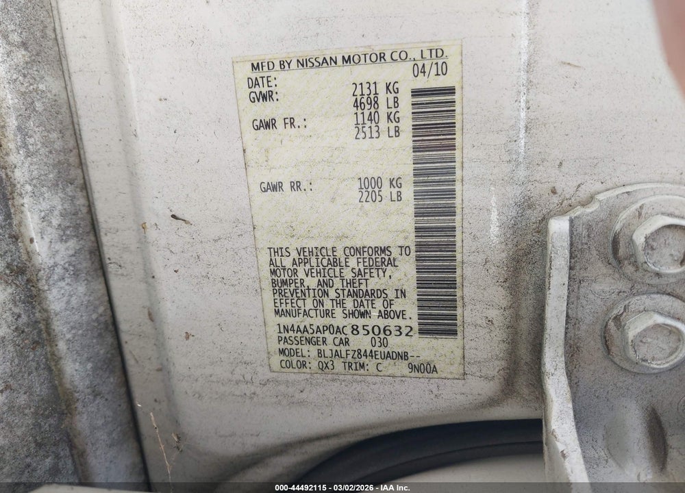2010 NISSAN MAXIMA 3.5 SV VIN: 1N4AA5AP0AC850632