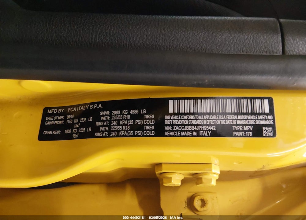 2018 JEEP RENEGADE ALTITUDE 4X4 VIN: ZACCJBBB4JPH95442