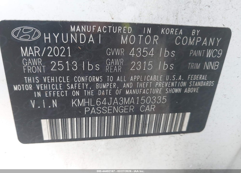 2021 HYUNDAI SONATA SEL VIN: KMHL64JA3MA150335