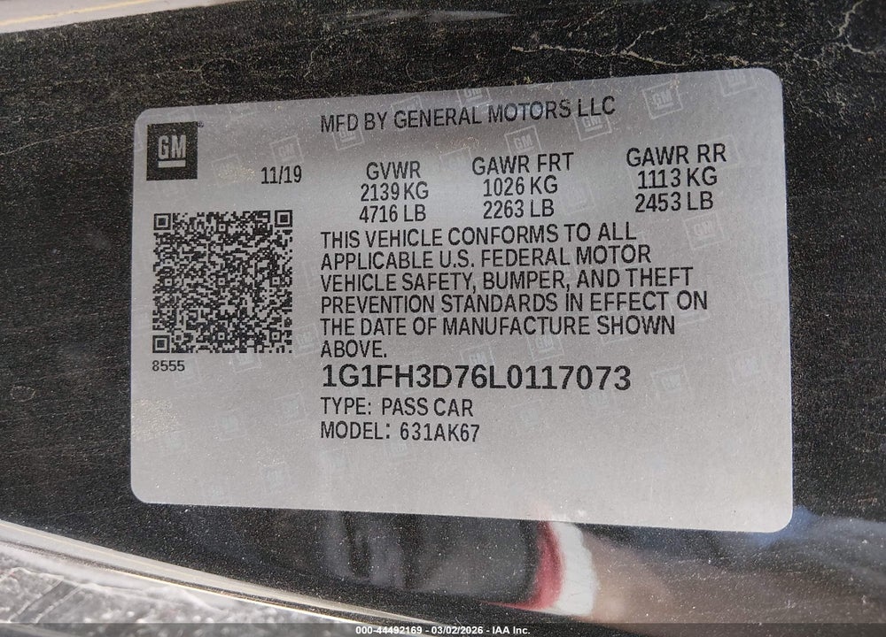 2020 CHEVROLET CAMARO RWD  2SS VIN: 1G1FH3D76L0117073