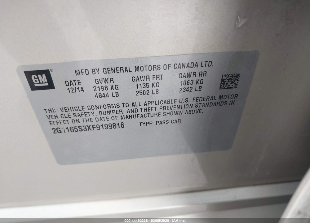 2015 CHEVROLET IMPALA 2LZ VIN: 2G1165S3XF9199816