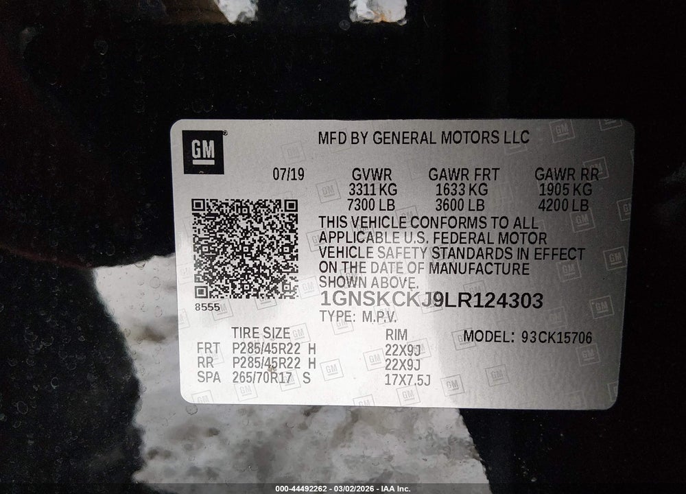 2020 CHEVROLET TAHOE 4WD PREMIER VIN: 1GNSKCKJ9LR124303