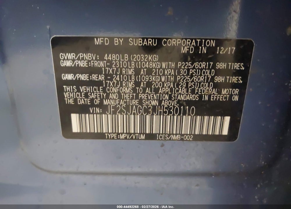 2018 SUBARU FORESTER 2.5I PREMIUM VIN: JF2SJAGC3JH530110
