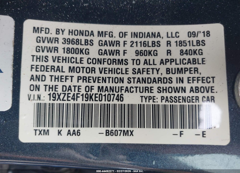 2019 HONDA INSIGHT LX VIN: 19XZE4F19KE010746