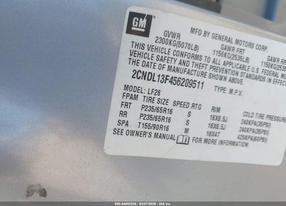 2005 CHEVROLET EQUINOX LS VIN: 2CNDL13F456209511