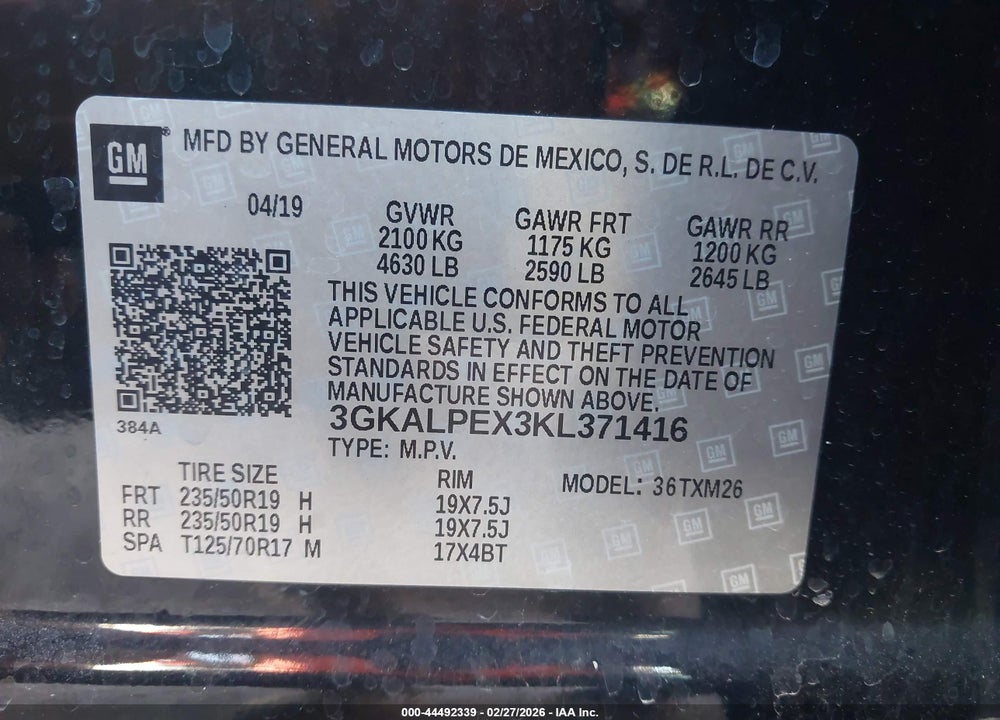 2019 GMC TERRAIN SLT VIN: 3GKALPEX3KL371416