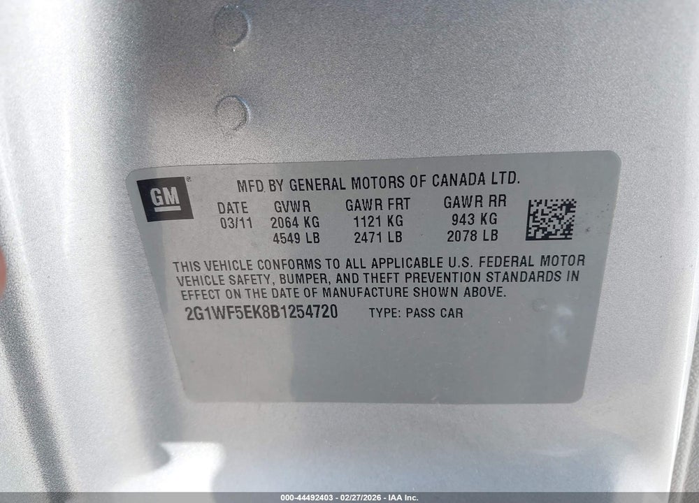 2011 CHEVROLET IMPALA LS VIN: 2G1WF5EK8B1254720