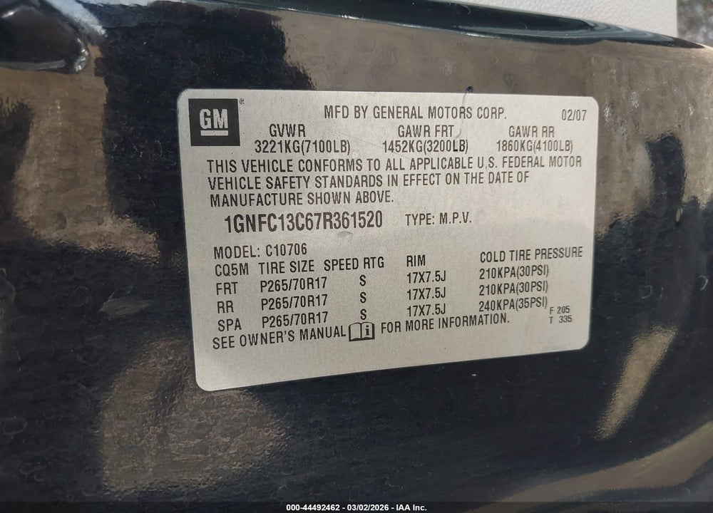 2007 CHEVROLET TAHOE LS VIN: 1GNFC13C67R361520
