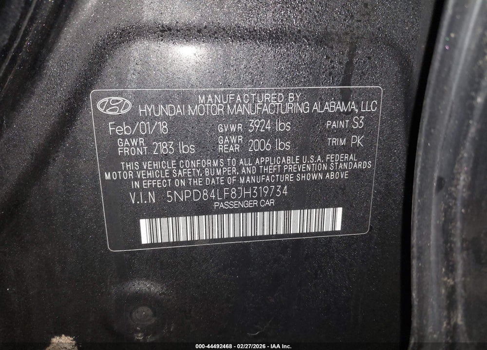 2018 HYUNDAI ELANTRA SEL VIN: 5NPD84LF8JH319734