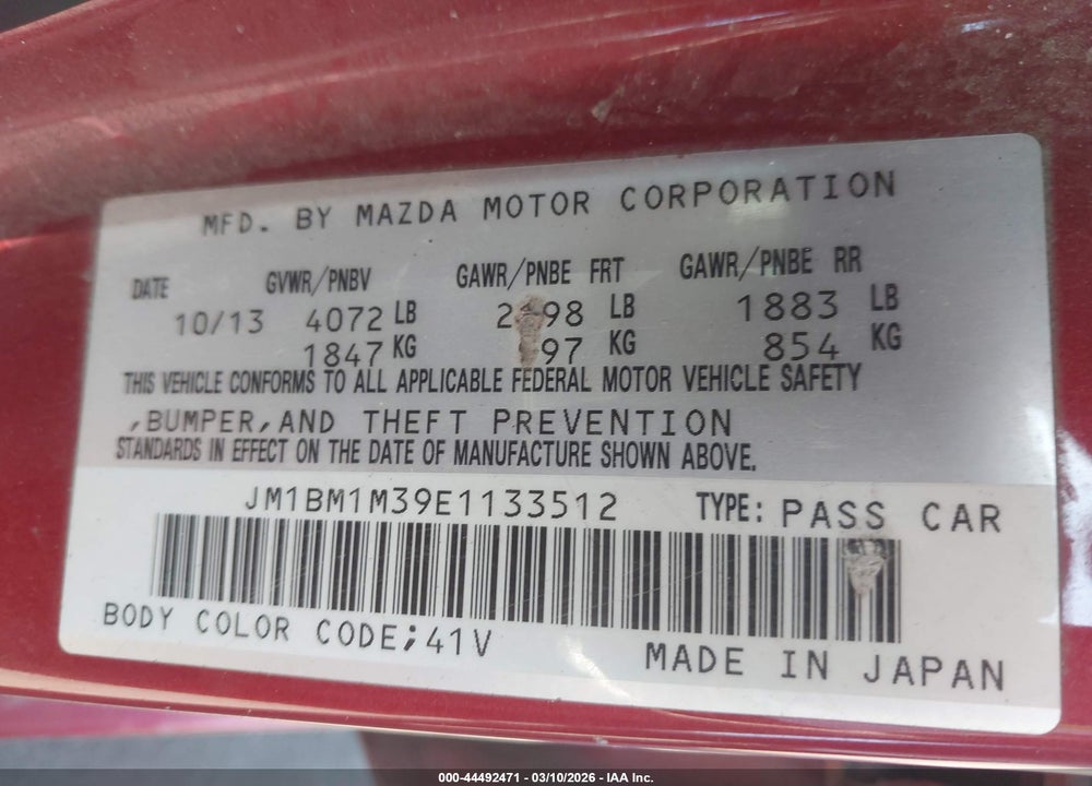 2014 MAZDA 3 VIN: JM1BM1M39E1133512