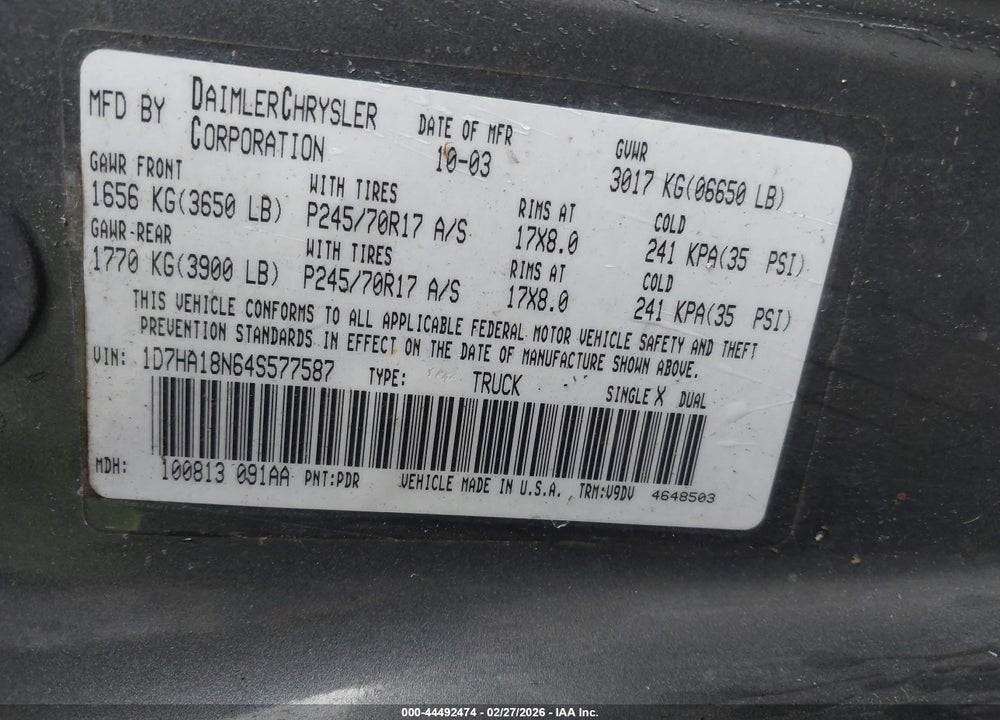 2004 DODGE RAM 1500 SLT/LARAMIE VIN: 1D7HA18N64S577587