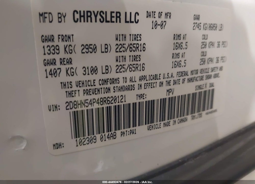 2008 DODGE GRAND CARAVAN SXT VIN: 2D8HN54P48R620121