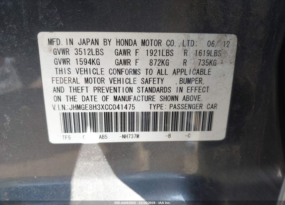 2012 HONDA FIT VIN: JHMGE8H3XCC041475