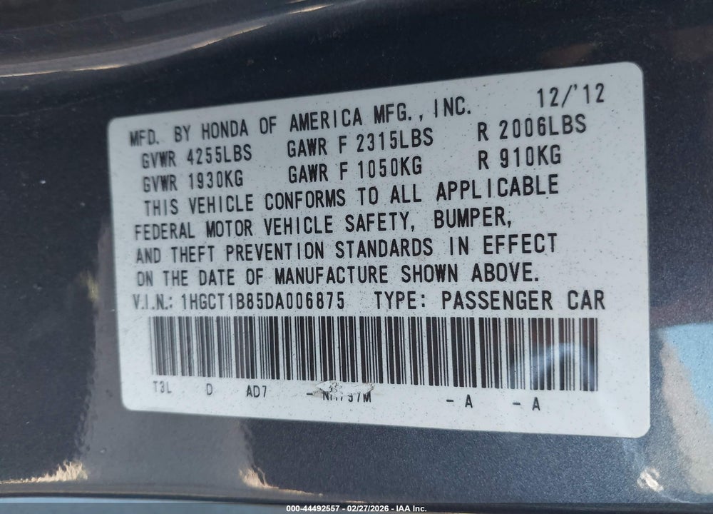 2013 HONDA ACCORD EX-L VIN: 1HGCT1B85DA006875