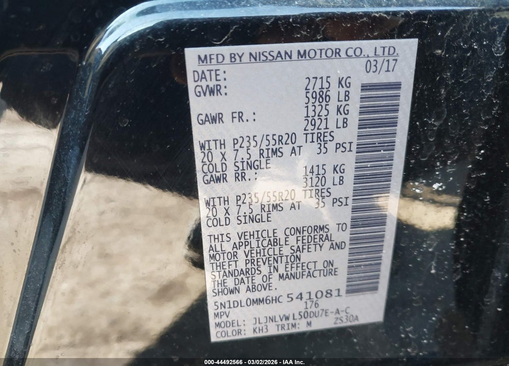 2017 INFINITI QX60 VIN: 5N1DL0MM6HC541081
