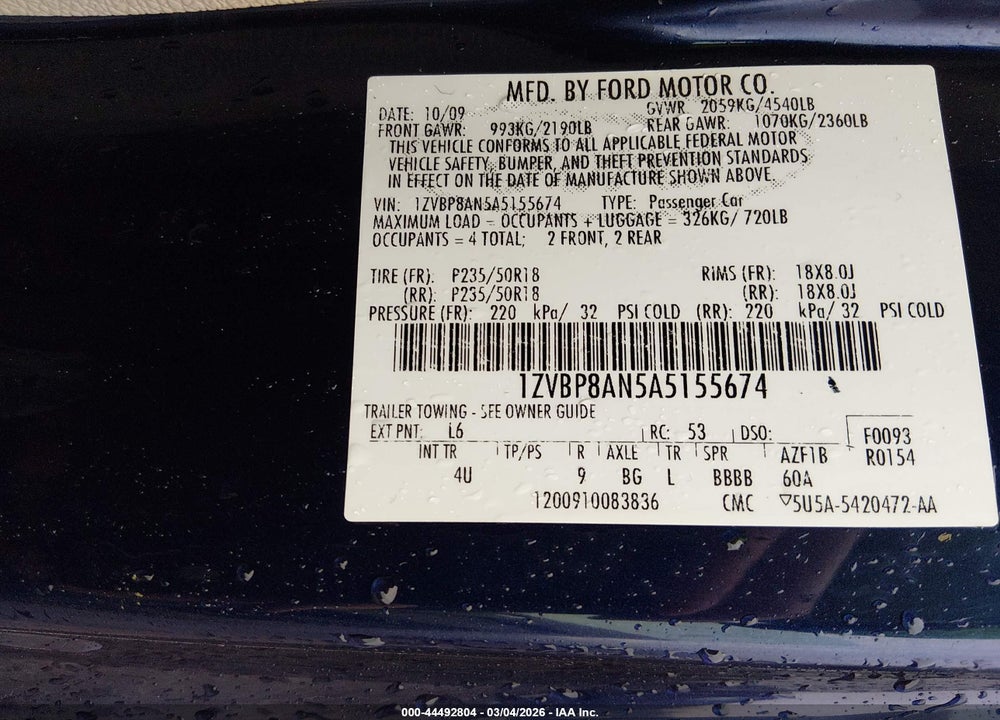 2010 FORD MUSTANG V6/V6 PREMIUM VIN: 1ZVBP8AN5A5155674