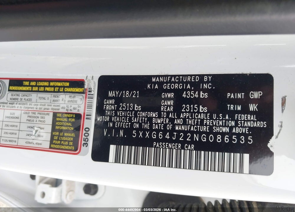 2022 KIA K5 GT-LINE VIN: 5XXG64J22NG086535
