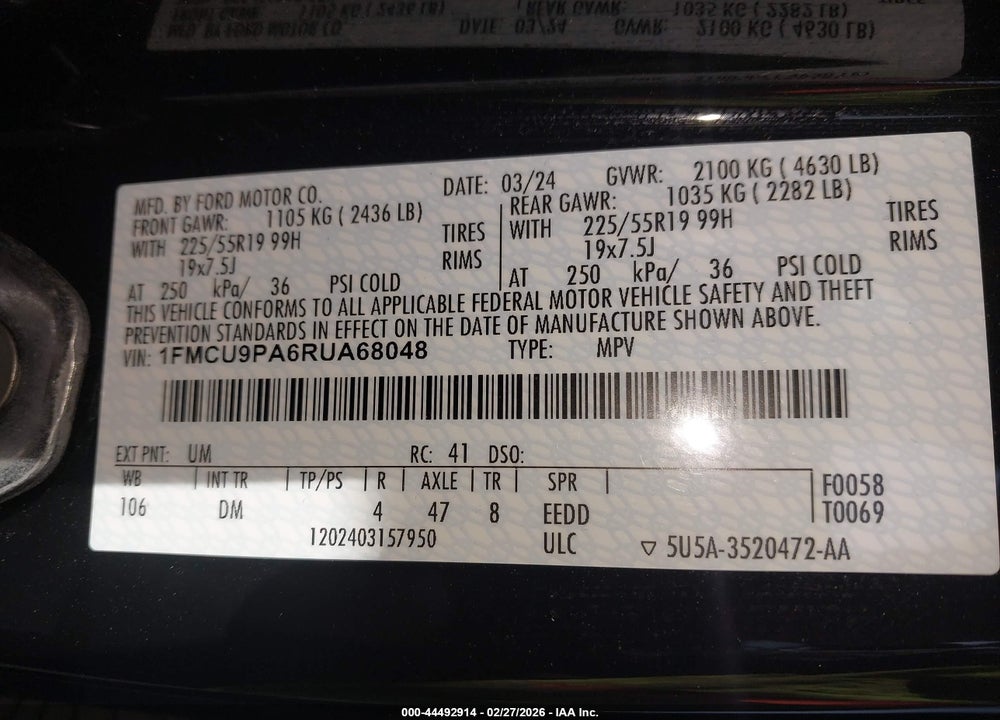 2024 FORD ESCAPE ST-LINE ELITE VIN: 1FMCU9PA6RUA68048