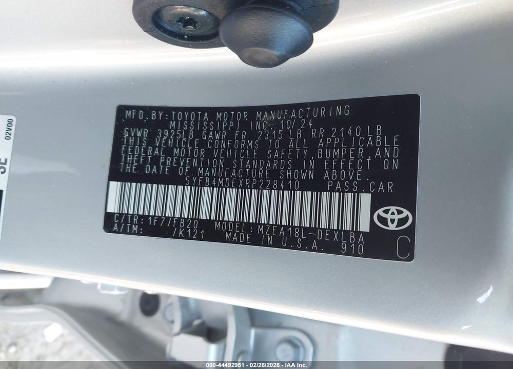 2024 TOYOTA COROLLA LE VIN: 5YFB4MDEXRP228410