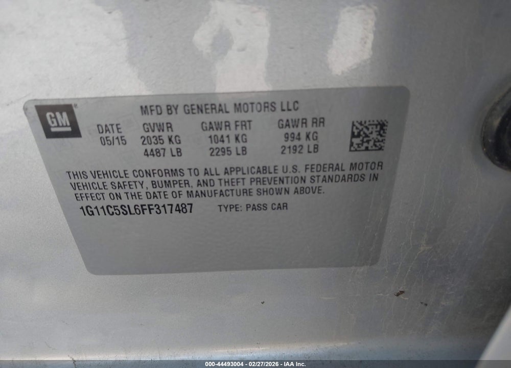 2015 CHEVROLET MALIBU 1LT VIN: 1G11C5SL6FF317487