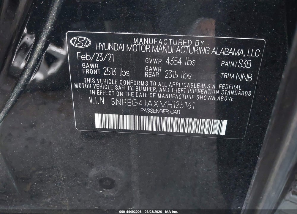 2021 HYUNDAI SONATA SE VIN: 5NPEG4JAXMH125161