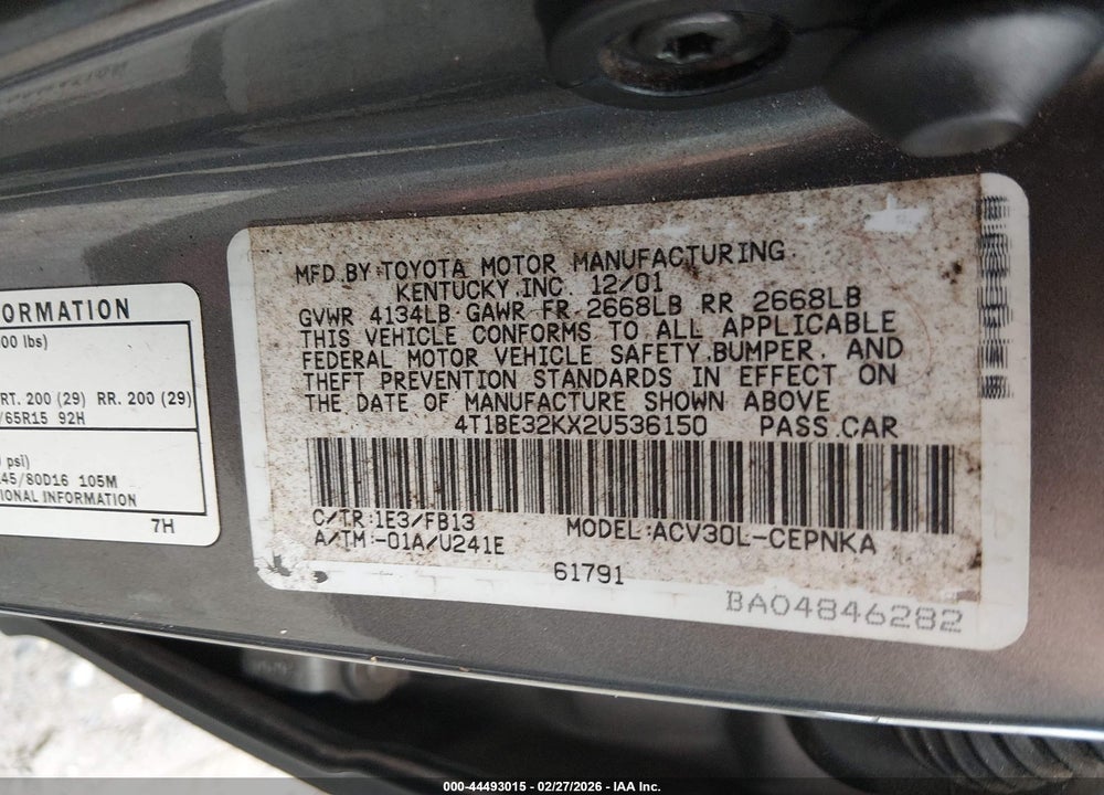 2002 TOYOTA CAMRY LE VIN: 4T1BE32KX2U536150