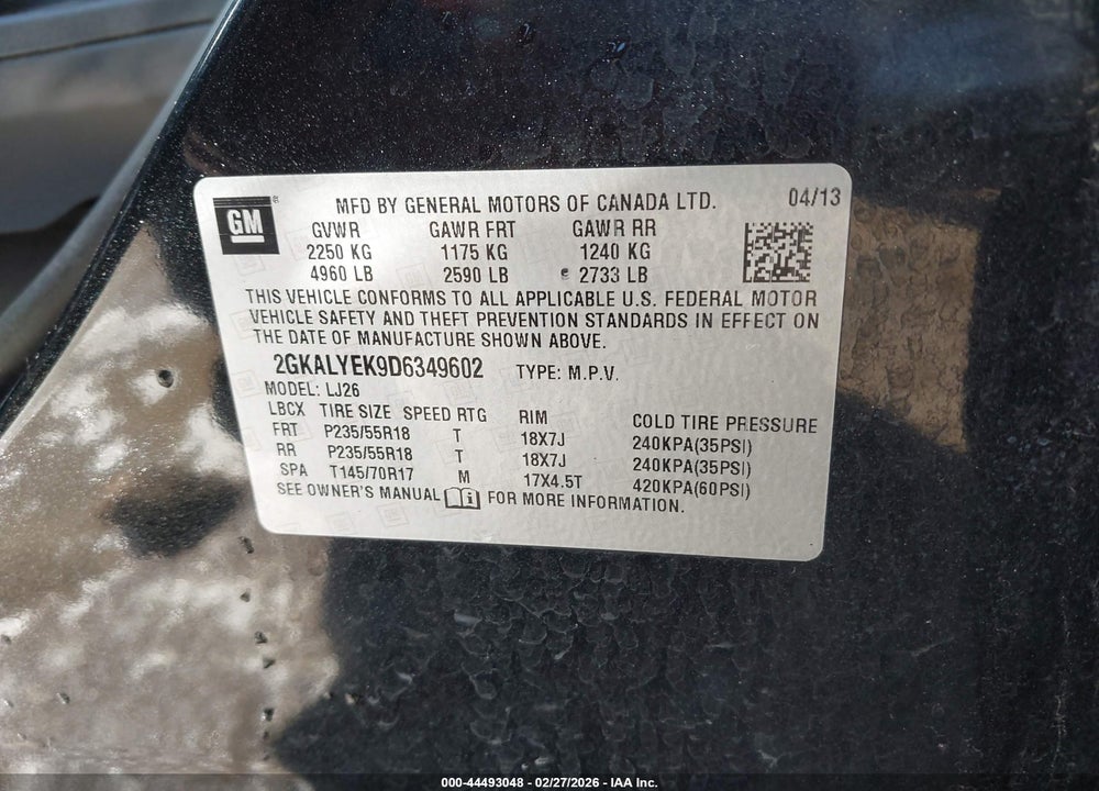 2013 GMC TERRAIN DENALI VIN: 2GKALYEK9D6349602