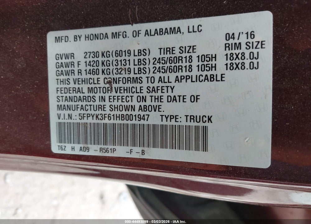 2017 HONDA RIDGELINE RTL-T VIN: 5FPYK3F61HB001947