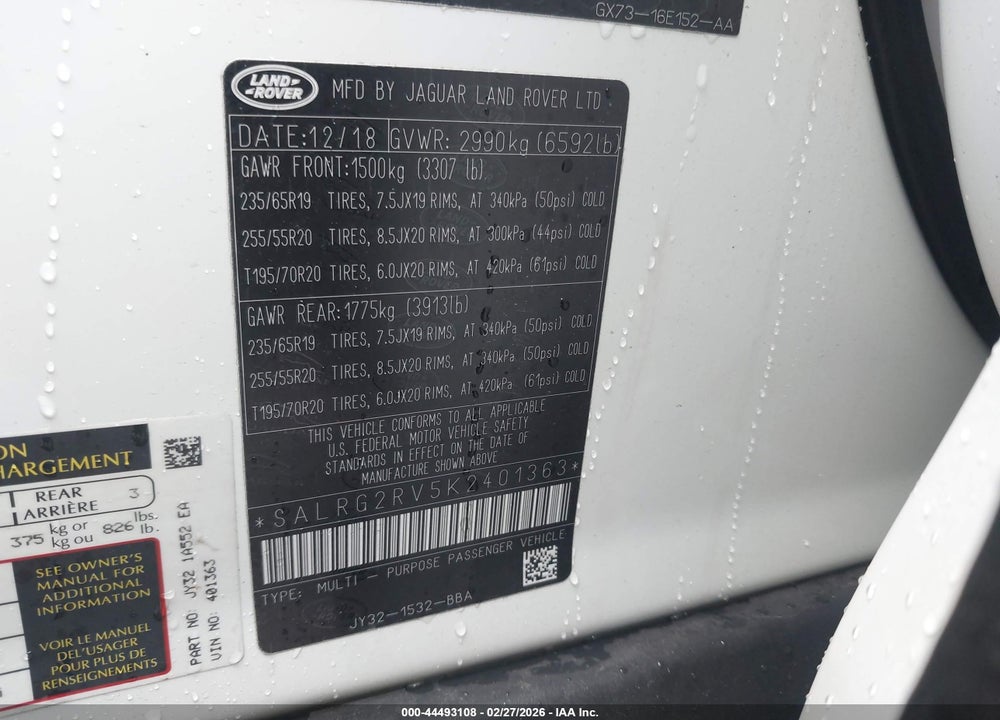 2019 LAND ROVER DISCOVERY SE VIN: SALRG2RV5K2401363