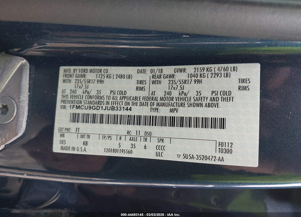 2018 FORD ESCAPE SE VIN: 1FMCU9GD1JUB33144