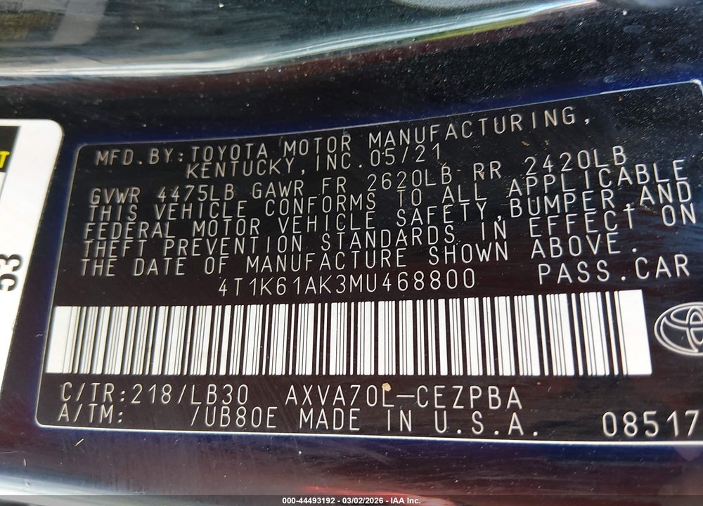 2021 TOYOTA CAMRY XSE VIN: 4T1K61AK3MU468800
