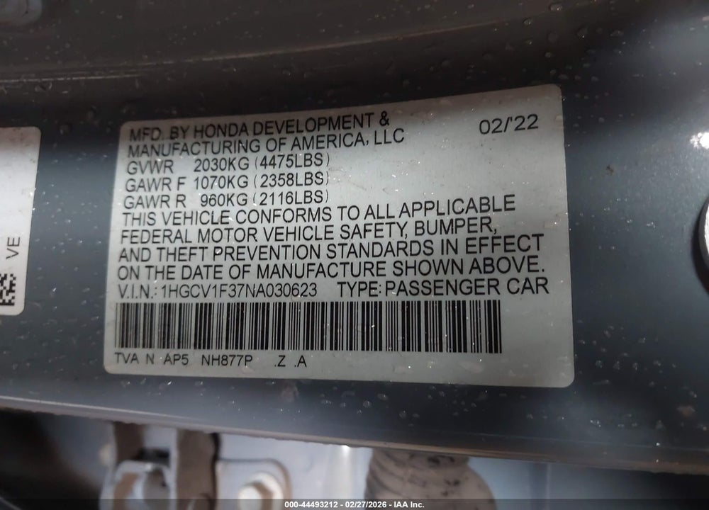 2022 HONDA ACCORD SPORT VIN: 1HGCV1F37NA030623