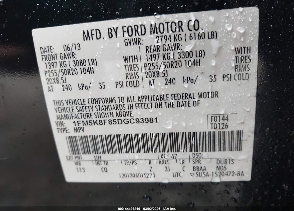 2013 FORD EXPLORER LIMITED VIN: 1FM5K8F85DGC93981