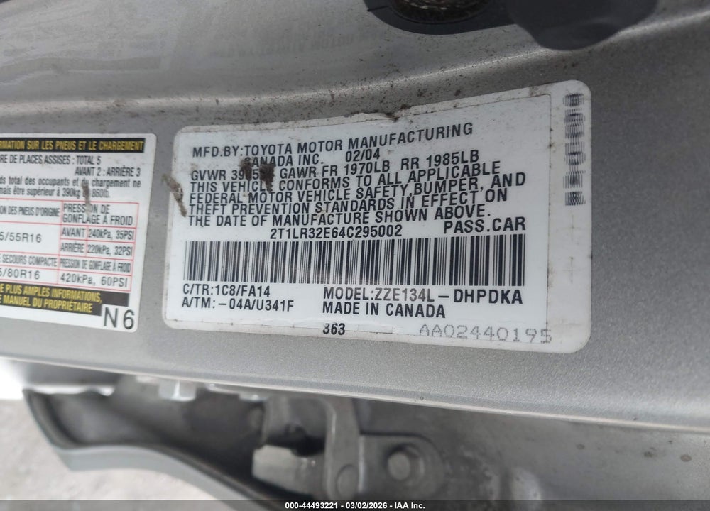 2004 TOYOTA MATRIX STANDARD VIN: 2T1LR32E64C295002