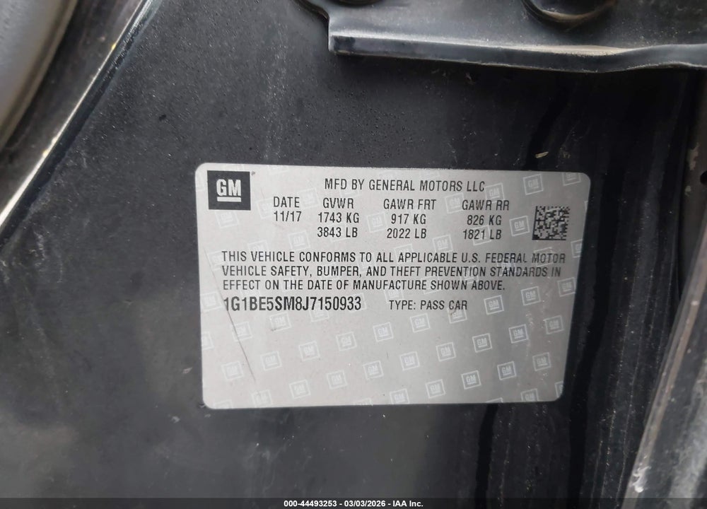 2018 CHEVROLET CRUZE LT AUTO VIN: 1G1BE5SM8J7150933
